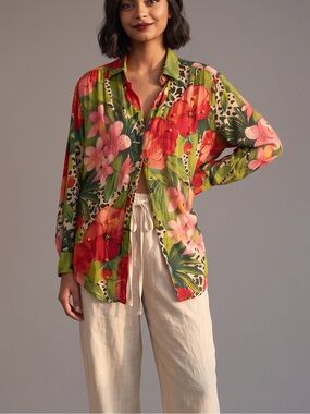 Vintage ERA Cotton Bold Floral Leopard Mixed Print Button-Up Shirt maximalist